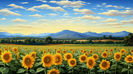 Obraz premium Landscape of a field of sunflowers with trees art paint