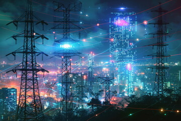 Fototapeta premium high voltage transmission towers with line data hologram with city background