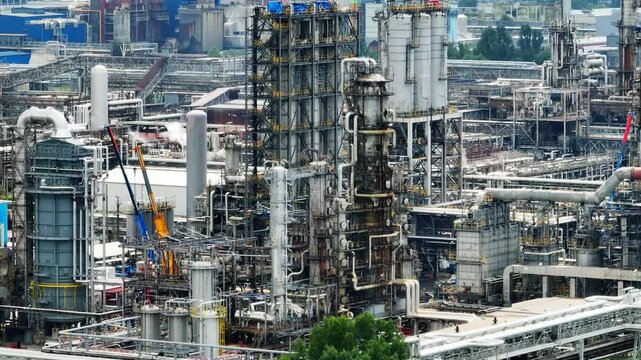 Pipes and constructions in petrochemical industry plant - aerial drone view (4K).