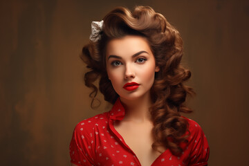 Attractive brunette woman in red in pin-up style. Looks into the camera. With space for text. Vintage styling. Ideal for advertising posters. Generative AI