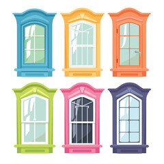 Collection colorful vector vintage windows, various designs colors. Cartoon style windows, ideal architectural concepts childrens illustrations. Classic window frames, one broken glass pane