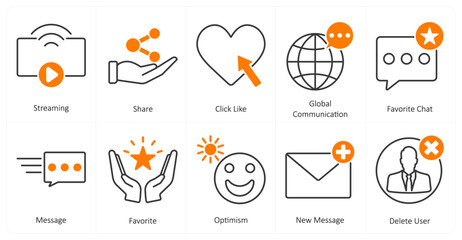 Fototapeta premium A set of 10 mix icons as streaming, share, click like