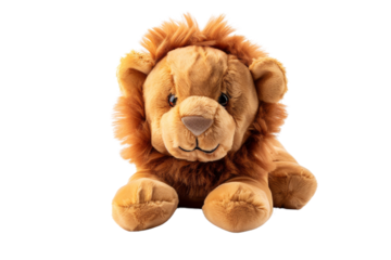 A fluffy baby lion toy sitting isolated on a white background