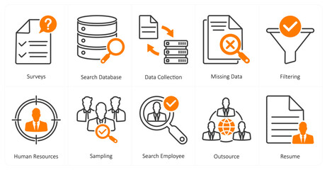 A set of 10 mix icons as surveys, search database, data collection
