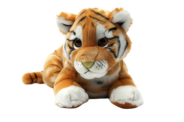 A fluffy baby tiger toy sitting isolated on a white background