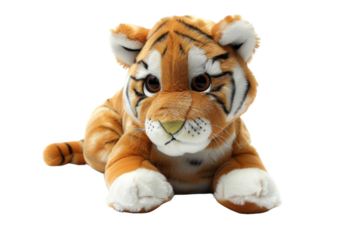 A fluffy baby tiger toy sitting isolated on a white background