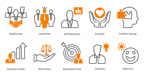 A set of 10 mix icons as relationship, leadership, self motivation