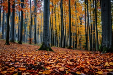 Vibrant fall foliage blankets the floor of a peaceful, misty woodland
