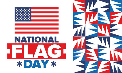 National Flag Day in United States. American flag day. Holiday celebrated annual June 14 in USA. Patriotic style design. Poster, greeting card, banner and background. Vector illustration