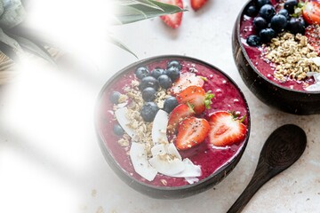 Acai in coconut shell healthy meal for summer vibes