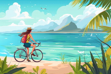 Fototapeta premium Cartoon character of Woman tourist on bicycle taking photo with camera, riding bike on seaside