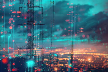 Obraz premium high voltage transmission towers with line data hologram with city background