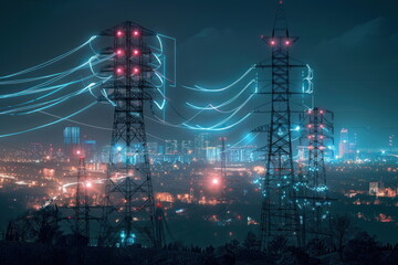 Obraz premium high voltage transmission towers with line data hologram with city background