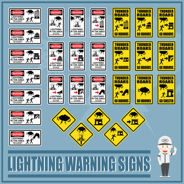 Set of lightning warning signs. Lightning Warning signs and symbols use to communicate warnings and notify the people to beware of risk in lightning area.