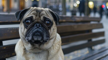 A close-up shot of a fawn pug sitting on a wooden bench in an urban setting. The dog has a curious expression on its face and is looking directly at the camera.