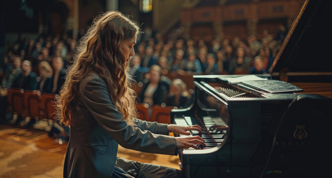 Woman playing the piano in front of an audience at a concert hall
