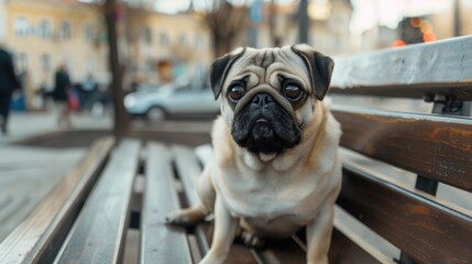 A tan pug sits on a metal and wood bench in a city setting, looking directly at the camera. - Powered by Adobe