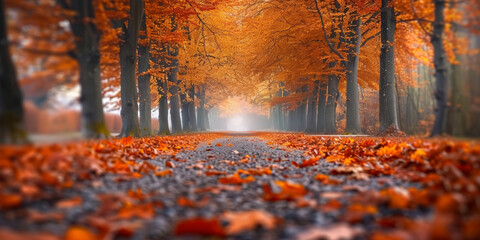 Beautiful autumn pathway covered in vibrant orange and red leaves, surrounded by tall trees with colorful foliage, creating a serene and picturesque scene perfect for fall-themed designs..