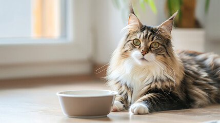 Fluffy cat sits near bowl in apartment