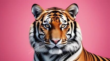 Fototapeta premium Portrait of a Bengal tiger head on a pink background 