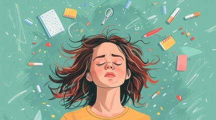 Depression portrait flat design top view mental health cartoon drawing colored pastel