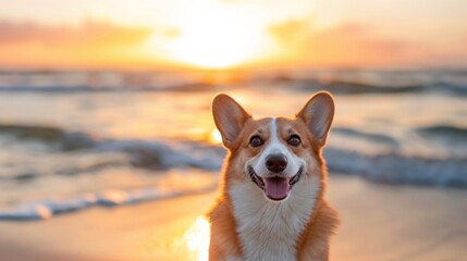 A smiling corgi dog stands on a sandy beach, looking directly at the camera. The sun sets in the background, casting a warm golden glow over the scene.