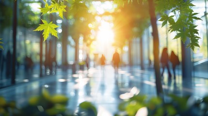 Blurred background of people walking in a modern office building with green trees and sunlight, eco friendly and ecological responsible business concept image with copy space. Generative AI.