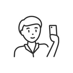 Taking pictures with a smartphone, linear icon. A person extends their arm and takes a picture. Selfies. Line with editable stroke