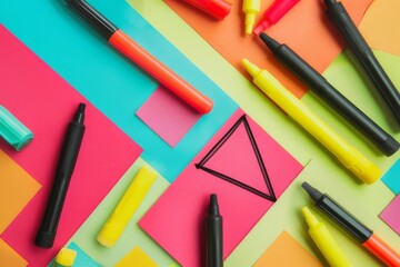 Naklejka premium Colorful Highlighters and Markers on Bright Paper