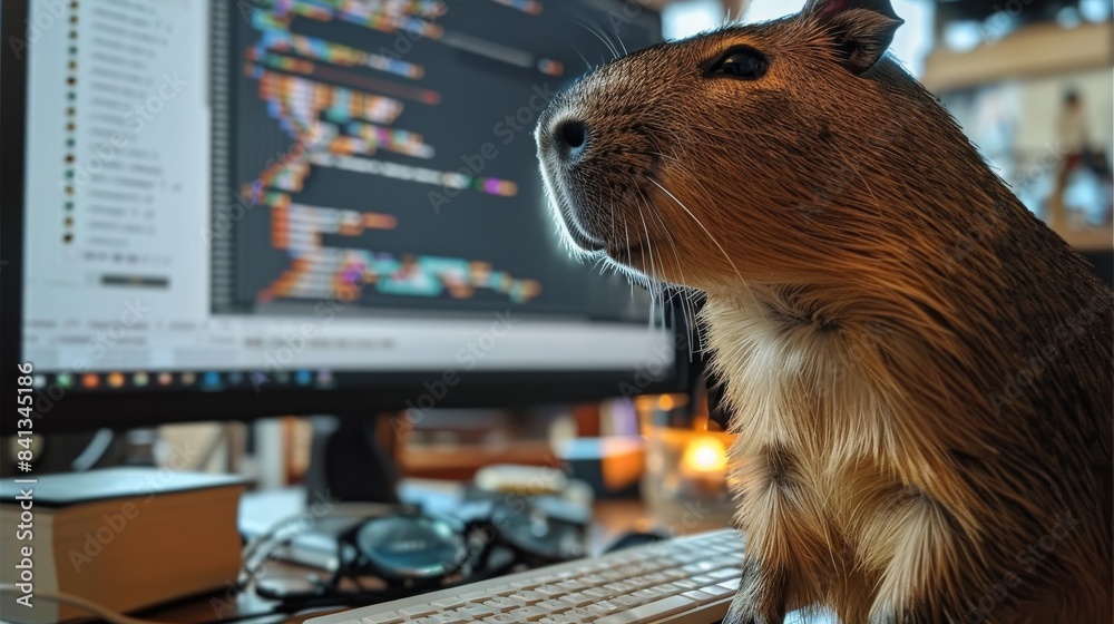 Aufkleber Capybara sitting in front of computer, coding. the code running in the monitor. Capybara has a very relaxed look. Generative AI.