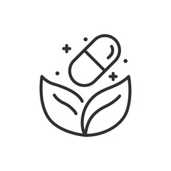 Plant medicine, linear icon. Capsule and plant leaf. Line with editable stroke