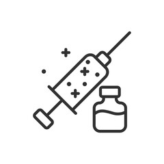 Health injection, linear icon. Syringe with liquid and medicine. Line with editable stroke