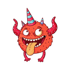 a red monster devil, with party hats for horns, smiling, tongue sticking ou