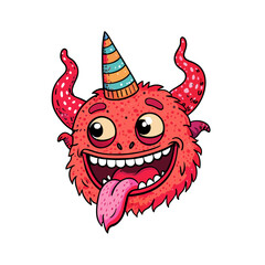 a red monster devil, with party hats for horns, smiling, tongue sticking ou