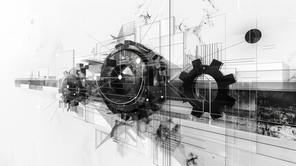 Black white abstract background with gears, industry development growth reliability