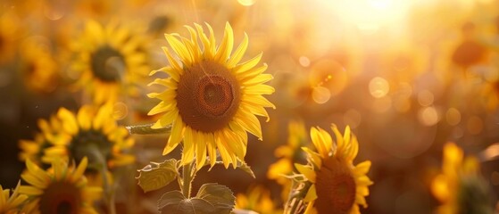 Fototapeta premium Summer sunflower flower background banner - Closeup of blooming sunflowers on field