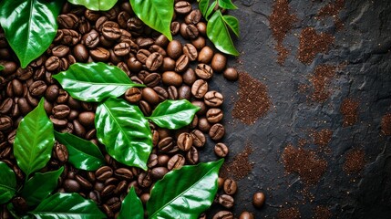 Obraz premium Fresh coffee beans with coffee leaves, decorated as a beautiful picture, beautiful composition Suitable for decorative cutting