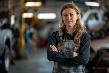 Fototapeta premium a woman in a garage with her arms crossed