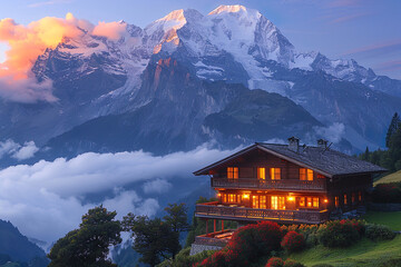 Fototapeta premium Panorama of a traditional mountain hotel-chalet in the Swiss mountains