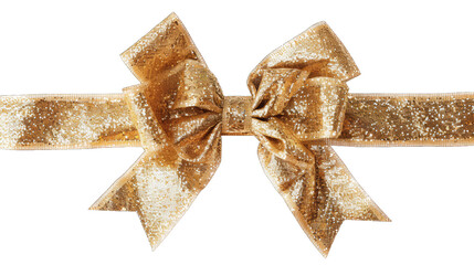 Golden glittering ribbon with a decorative bow, perfect for holiday decoration, gift wrapping, and festive occasions.