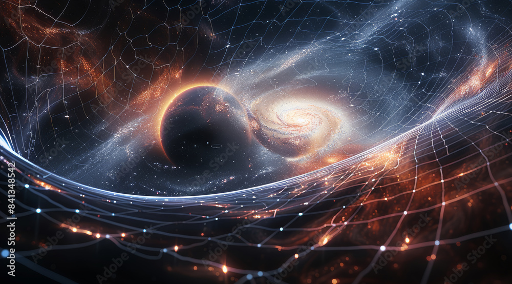 Aufkleber Depict a visual representation of a gravitational field in outer space. The central focus is a massive object, such as a dense star or black hole. Generative AI.