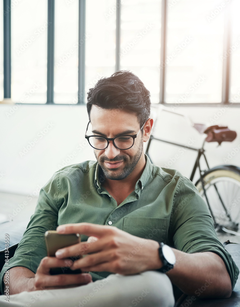 Poster business, typing and man in office, smartphone and typing with social media, connection and internet