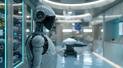 MLB 3D rendering medical artificial intelligence droid robot working in future hospital. Futuristic prosthetic healthcare for patient and biomedical technology concept