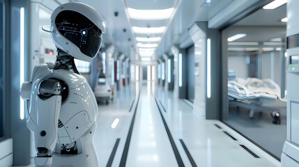 MLB 3D rendering medical artificial intelligence droid robot working in future hospital. Futuristic prosthetic healthcare for patient and biomedical technology concept
