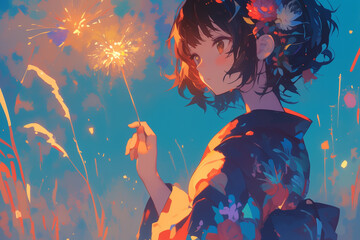 Serene Beauty in Yukata: Young Girl Admiring Fireworks Display at Night  - 静謐な浴衣美人 夜の花火を眺める少女