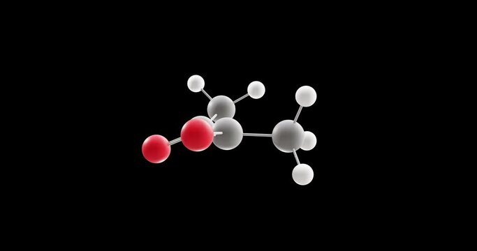 Diacetyl molecule, rotating 3D model of butanedione, looped video on a black background