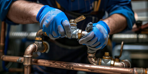 Plumber working on copper pipes with gloved hands, performing maintenance and repair tasks in a detailed and professional manner within an industrial setting..