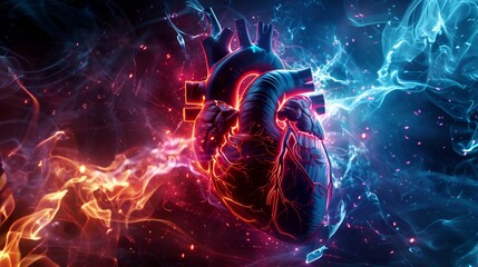The image shows a glowing heart with electric sparks, emphasizing body organs in a dynamic and energetic setting with vibrant colors.