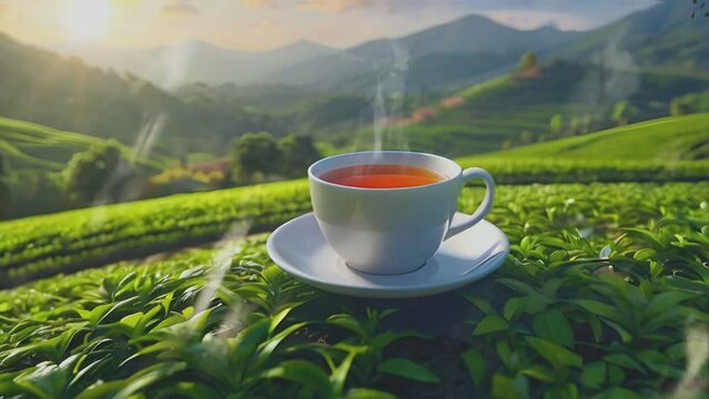 a cup of warm tea on a green tea plant with a beautiful view of a tea plantation, seamless looping time lapse virtual 4k video animation background.
