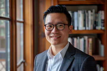 Fototapeta premium a man in a suit and glasses standing in front of a book shelf